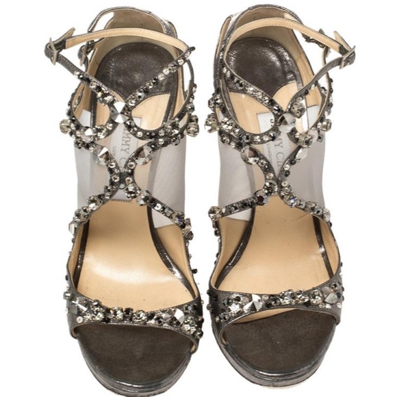 Jimmy Choo Viola Metallic Leather and Mesh Crystal Embellished Sandals Size 37. - Picture 8 of 17
